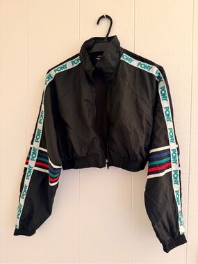 Pony Black Cropped Bomber Jacket with Teal Logo Tape